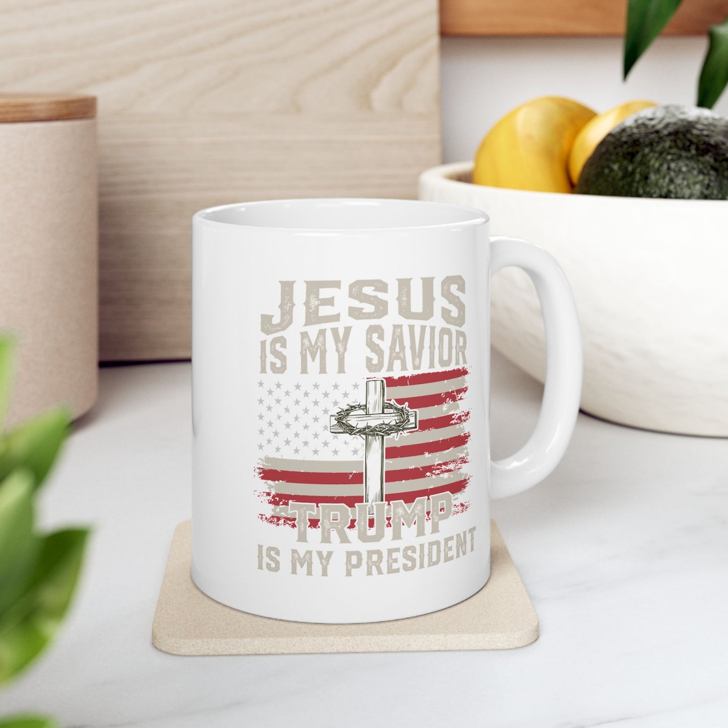 Patriotic Jesus Ceramic Mug - Inspirational Coffee Cup with American Flag Design