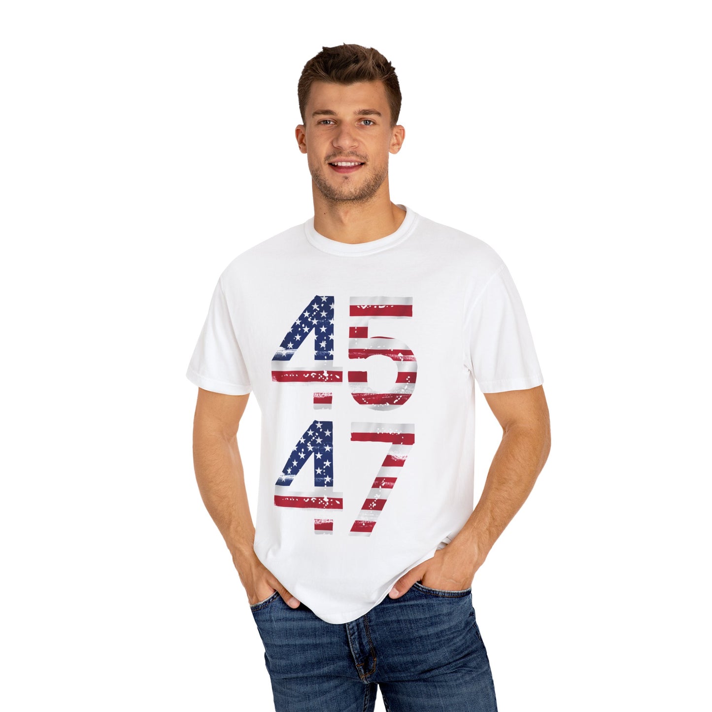 45-47 Patriotic Unisex Garment-Dyed T-shirt with American Flag Design