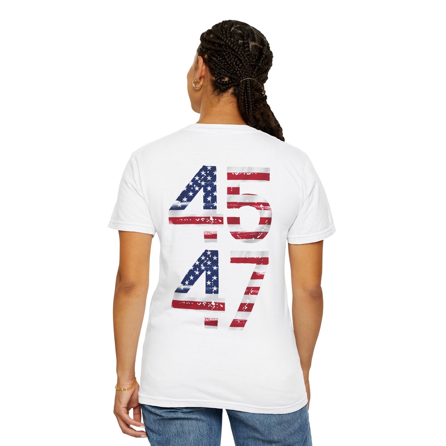 45-47 Patriotic Unisex Garment-Dyed T-shirt with American Flag Design