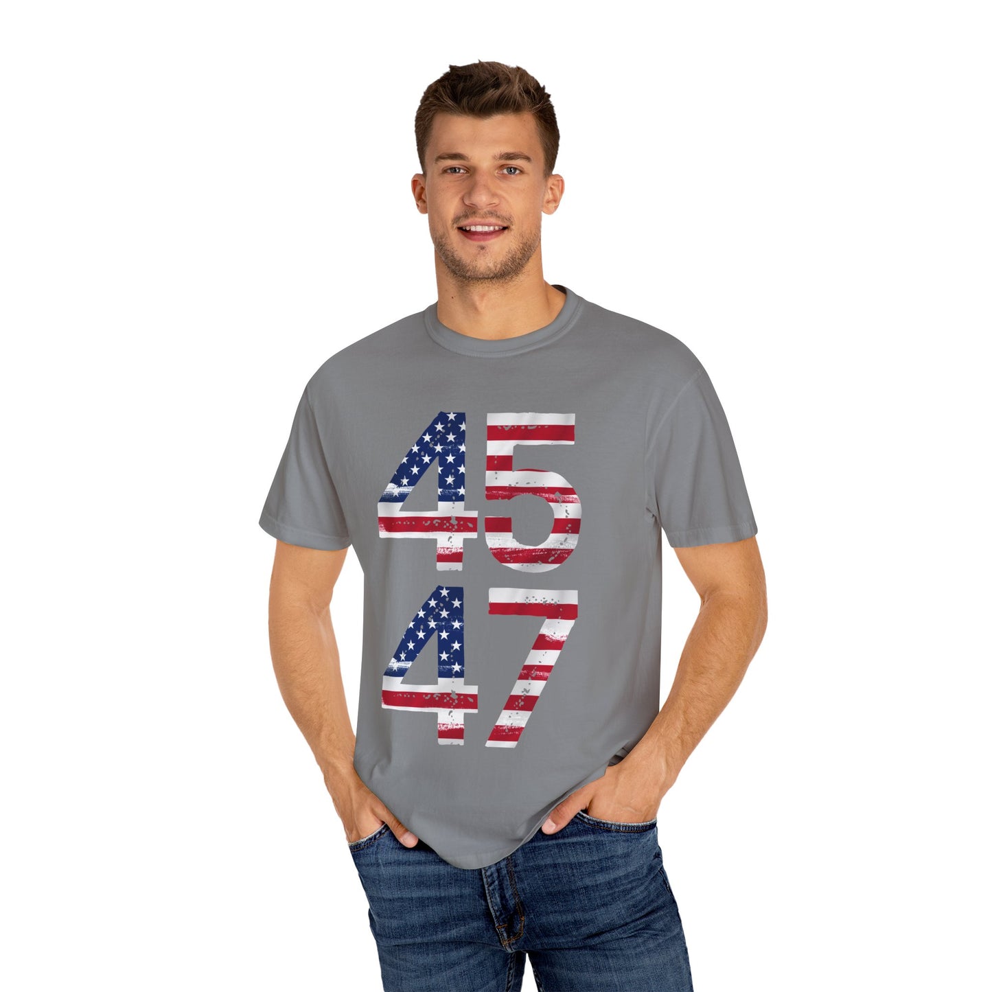 45-47 Patriotic Unisex Garment-Dyed T-shirt with American Flag Design