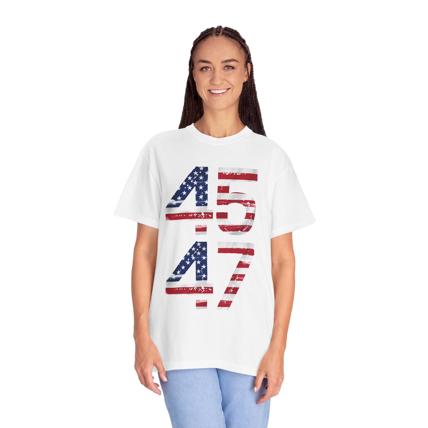 45-47 Patriotic Unisex Garment-Dyed T-shirt with American Flag Design