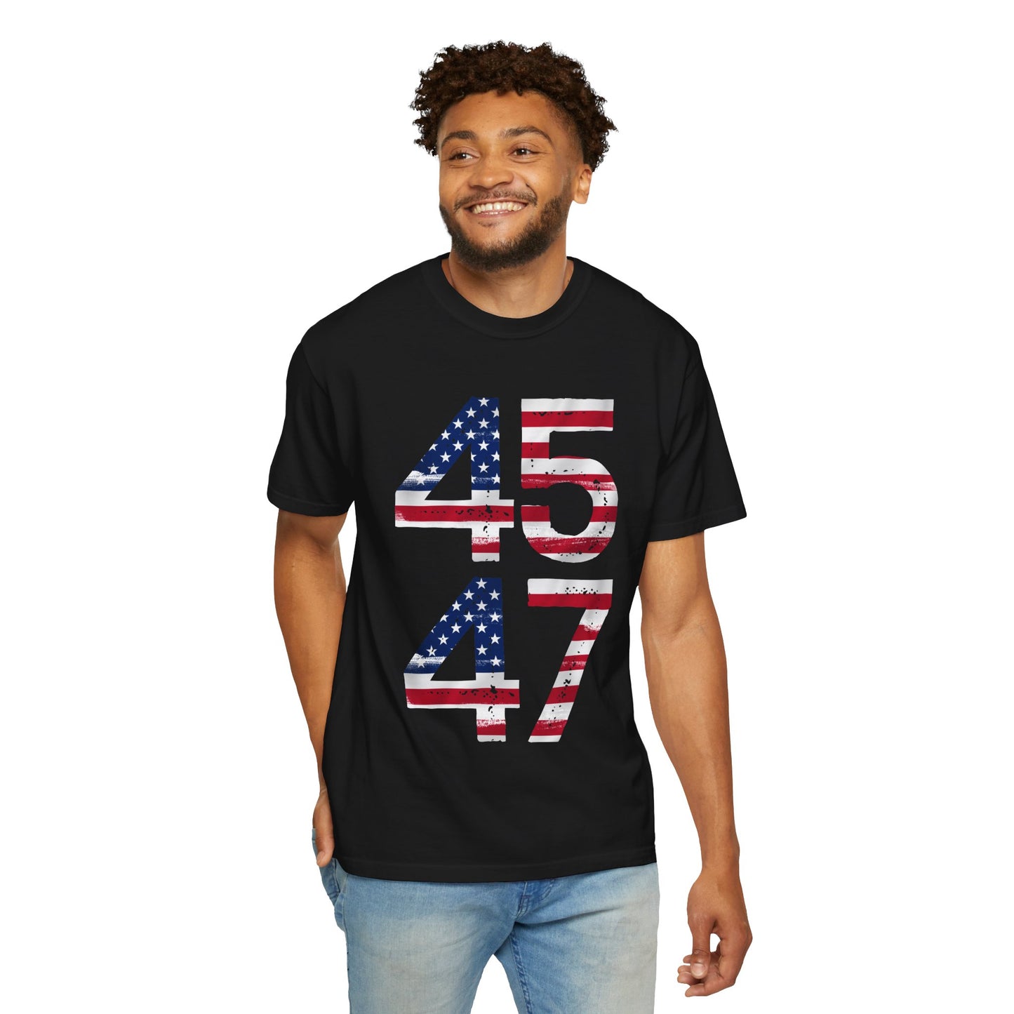 45-47 Patriotic Unisex Garment-Dyed T-shirt with American Flag Design